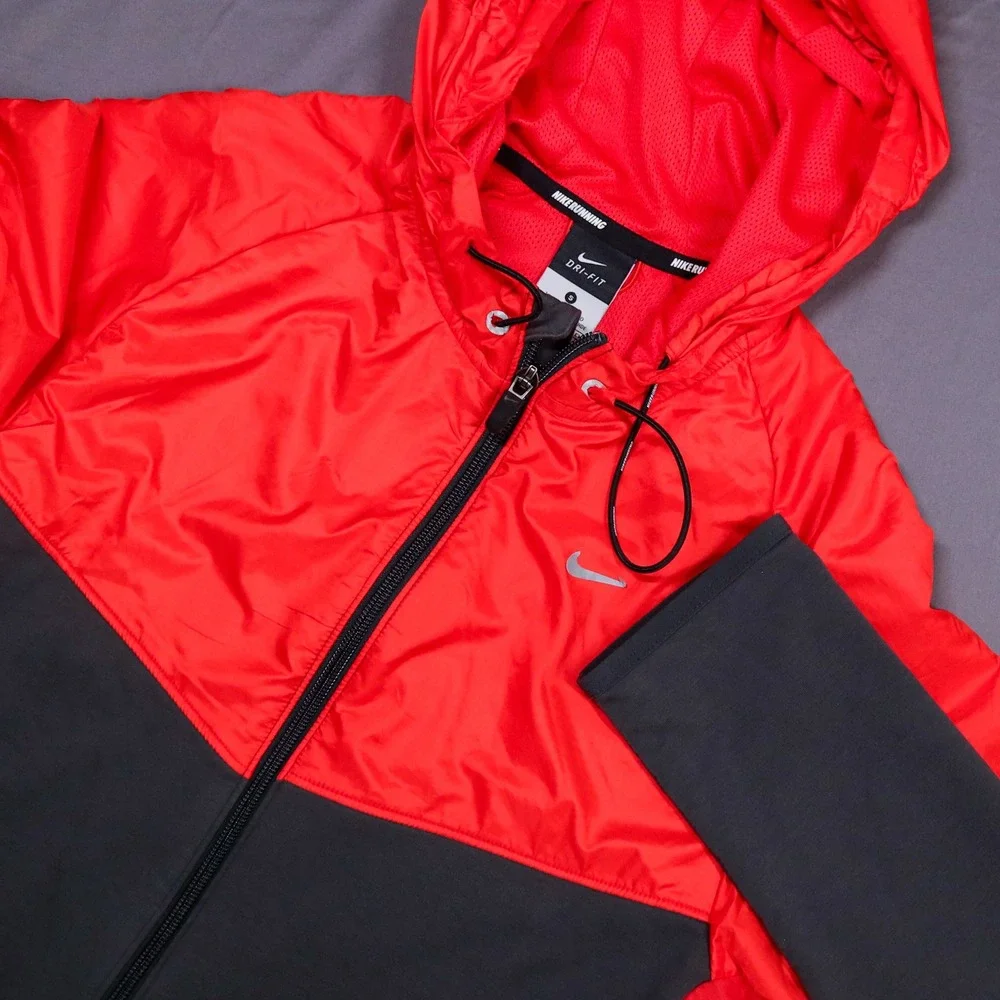 Nike Running Dri-FIT Hybrid Windbreaker Fleece Hooded Jacket Red Reflective S